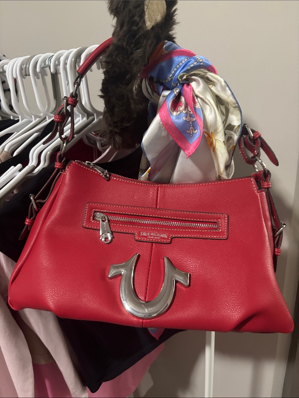 True Religion Red Leather Shoulder Bag with Silver Horseshoe Accent